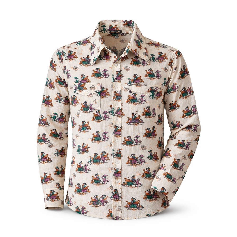 Vintage‎ Hand Loom Cotton Rickshaw Novelty Print Button Down Shirt 70s India S/M